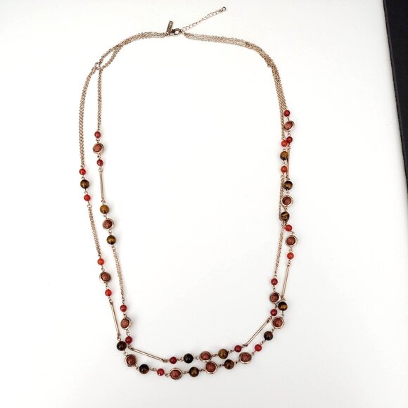 Long tiger's eye, orange glass and rust sparkle beaded 2 strand necklace - Picture 11 of 15